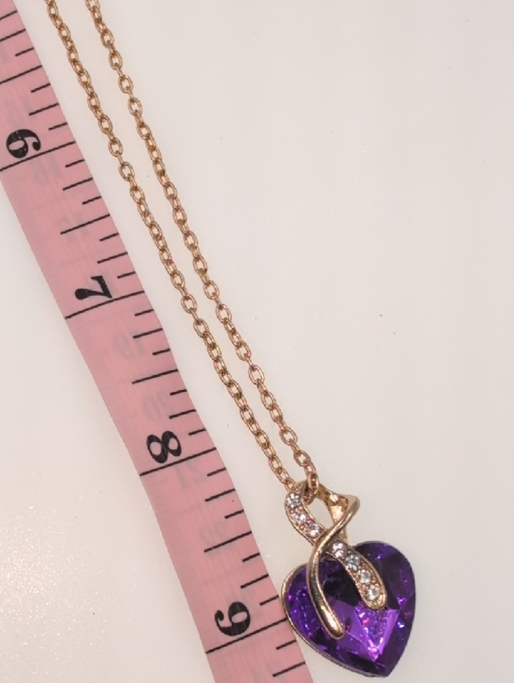 Gold Tone Purple Faceted Crystal Heart Necklace - Rhinestone Ribbon Bail Bb18 - Picture 6 of 7